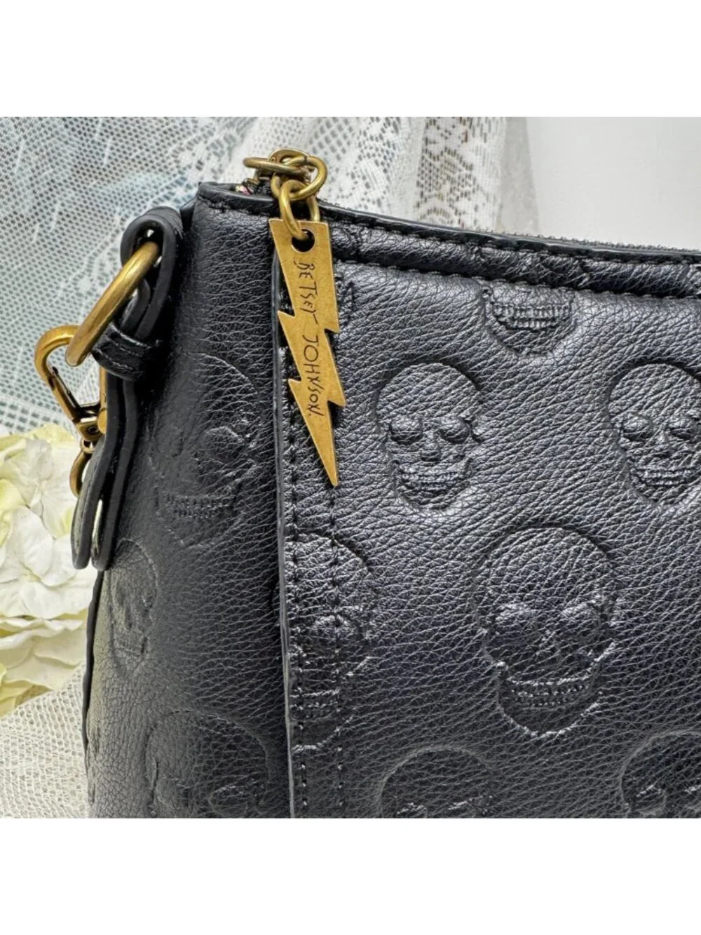 Betsey Johnson Skull Boss Satchel Black Gold Trim Top Handle